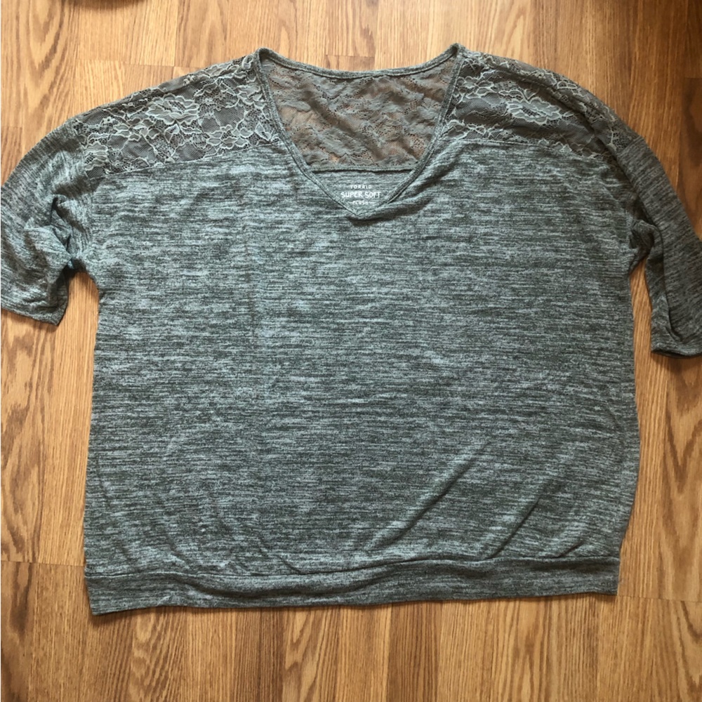 Torrid Lace-Shoulder V-Neck Women's Top - Gray